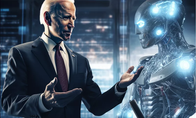 Midjourney created image of President Biden talking with an AI android.