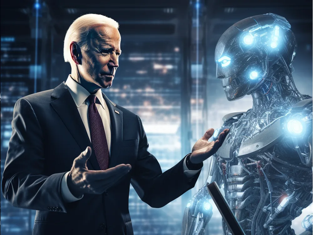Midjourney created image of President Biden talking with an AI android.