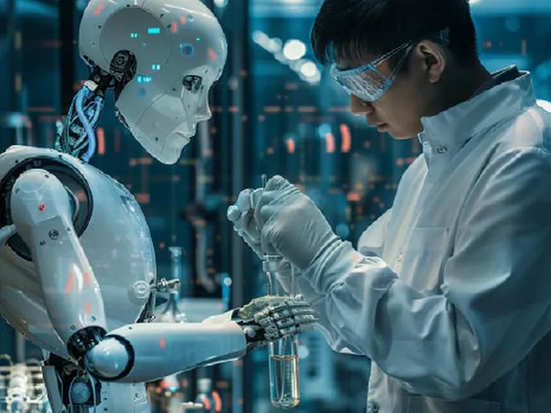 AI robot and scientist working together in a futuristic lab.
