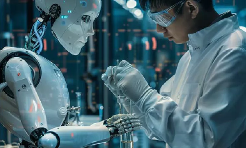 AI robot and scientist working together in a futuristic lab.