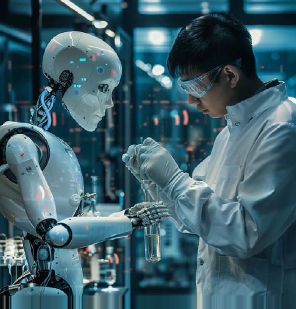 AI robot and scientist working together in a futuristic lab.